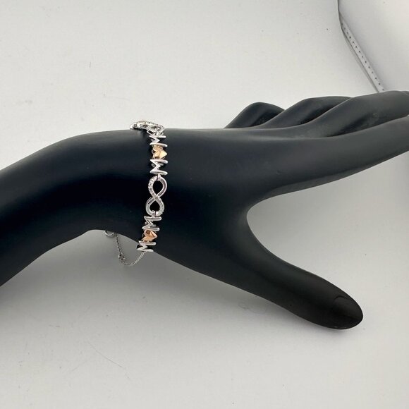 Sterling Silver "Mom" Bracelet w 14 kt Gold Overlay Hearts  & Infinity Symbols - Picture 4 of 14